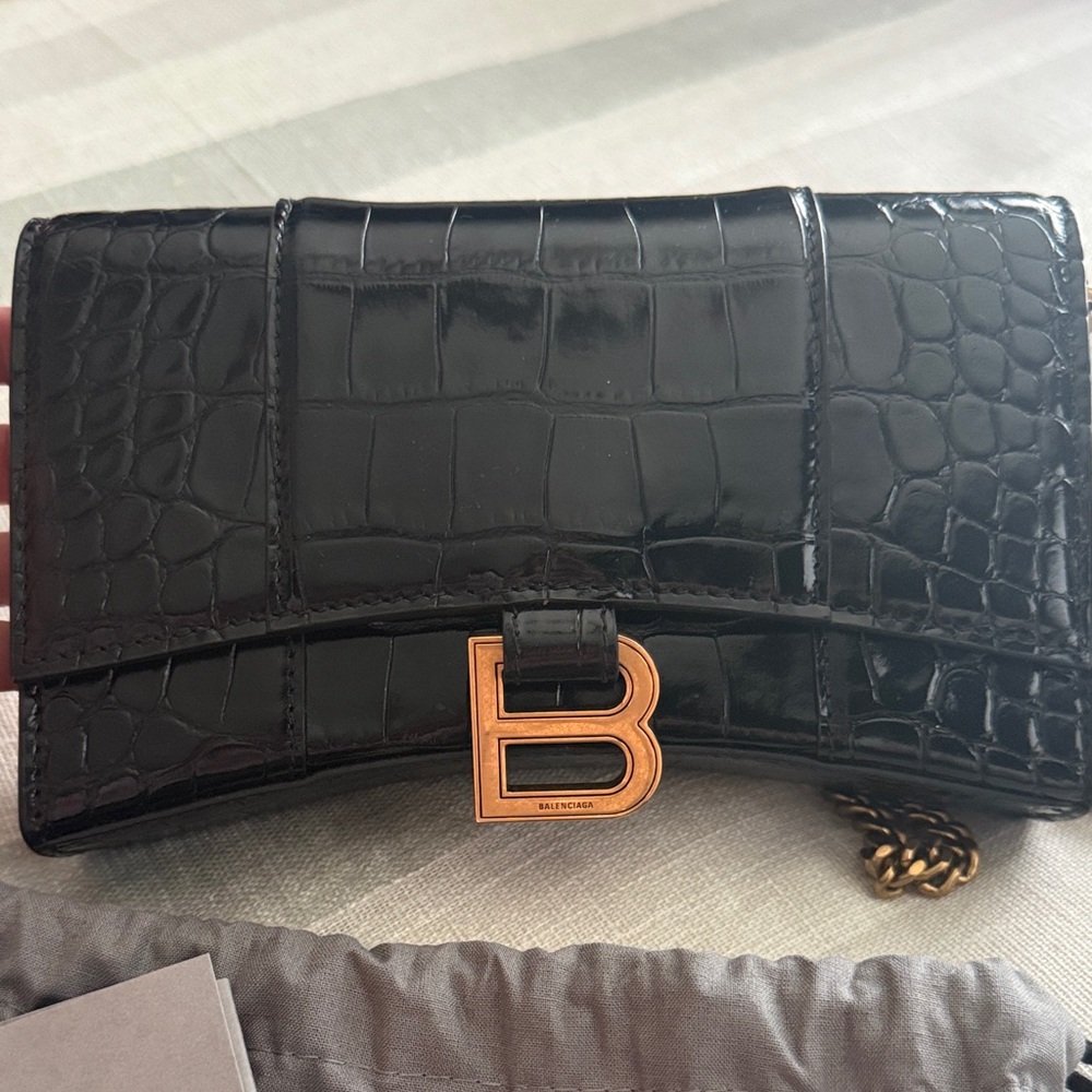 Balenciaga Black Croc-Embossed Clutch with Gold Accent - Picture 2 of 7